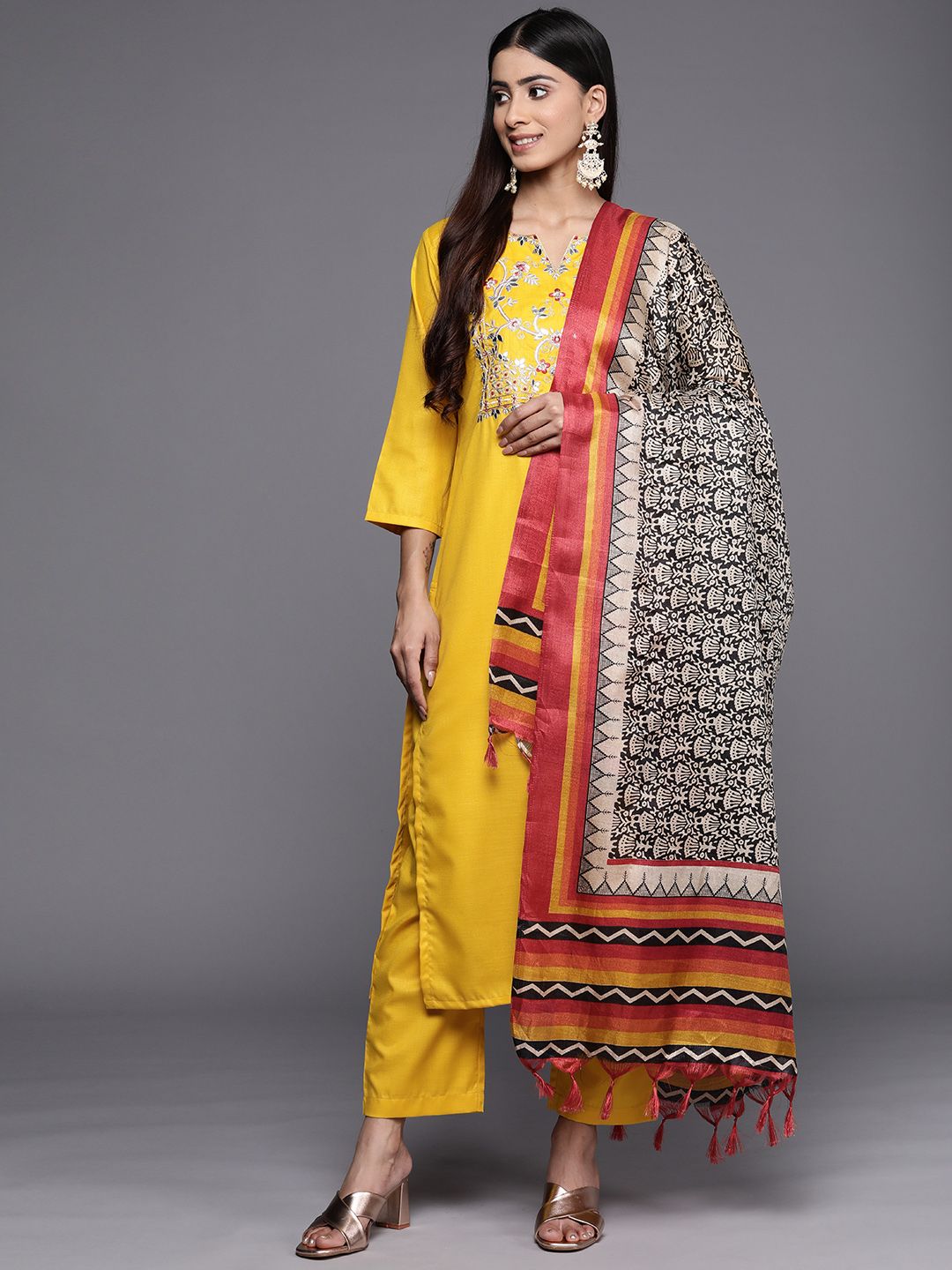 Indyancart VA Women'sFloral Yoke Design Gotta Patti Kurta with Trousers & With Dupatta