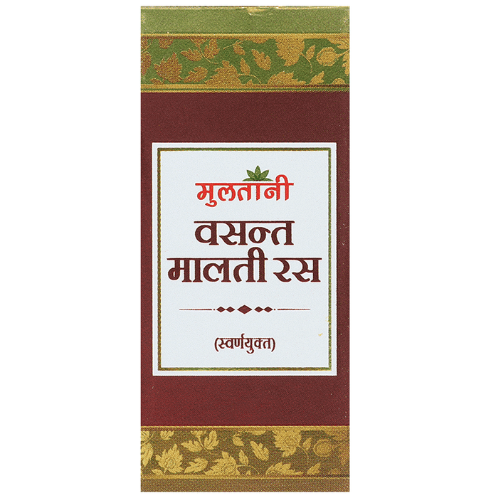 Multani Vasant Malati Ras Ayurvedic tablets with gold tablet, traditional herbal supplement for wellness, shown in the image.
