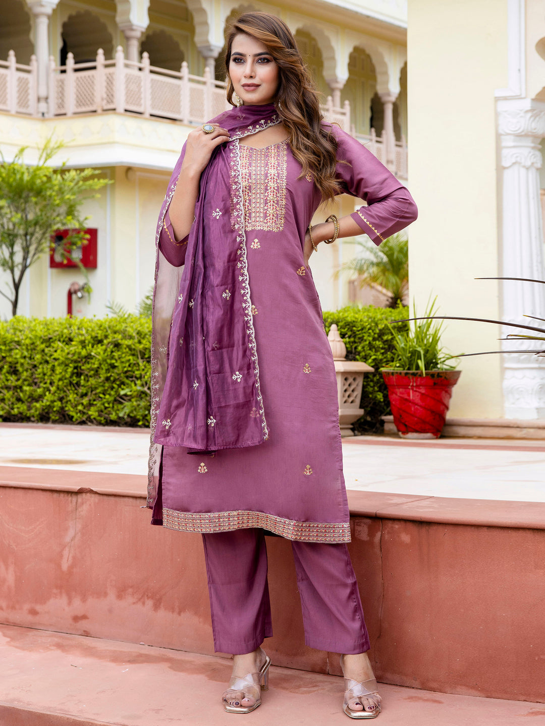 Dhiyona VV Women's Embroidered Silk Blend Calf Length Straight Kurta with Palazzo & Dupatta Set