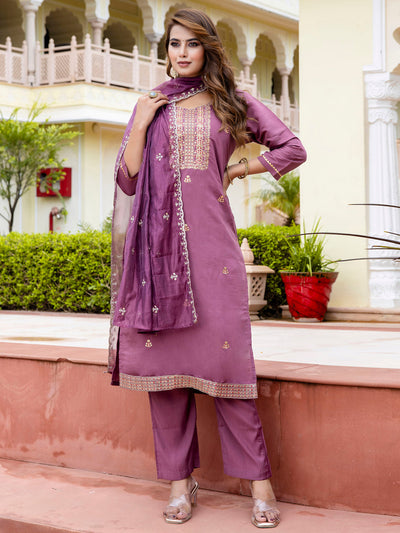 Indyancart VV Women's Embroidered Silk Blend Calf Length Straight Kurta with Palazzo & Dupatta Set