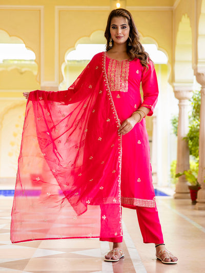 Indyancart VV Women's Embroidered Silk Blend Calf Length Straight Kurta with Palazzo & Dupatta Set