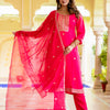 Dhiyona VV Women's Embroidered Silk Blend Calf Length Straight Kurta with Palazzo & Dupatta Set