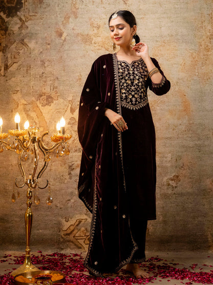 Dhiyona VV Women's Velvet Kurta Pant Dupatta Set