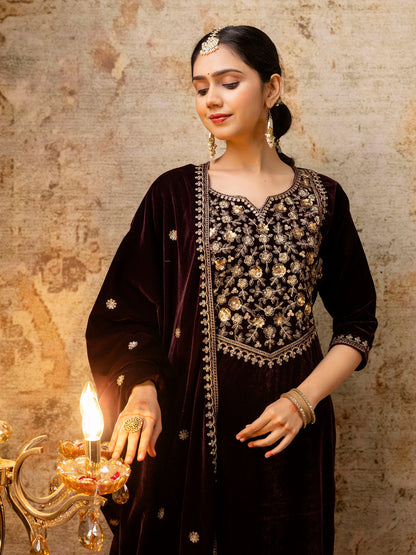 Dhiyona VV Women's Velvet Kurta Pant Dupatta Set