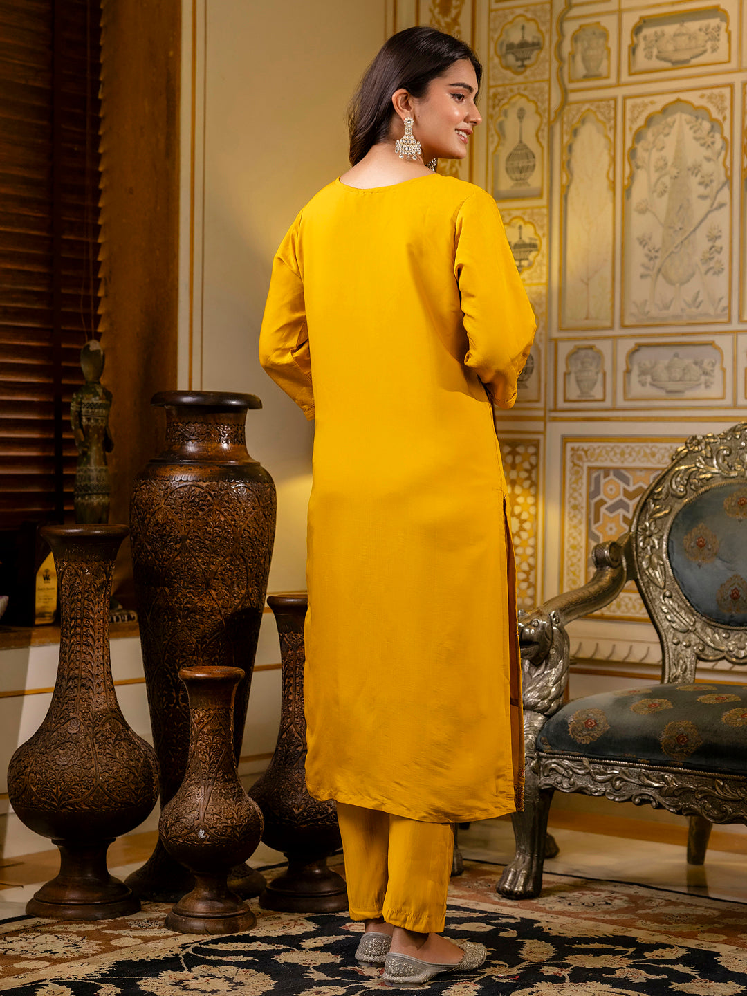 Dhiyona VV Women's Embroidered Silk Blend Calf Length Straight Kurta with Palazzo & Dupatta Set