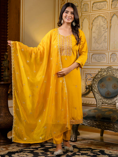Indyancart VV Women's Embroidered Silk Blend Calf Length Straight Kurta with Palazzo & Dupatta Set
