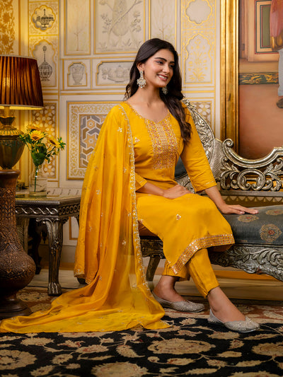 Indyancart VV Women's Embroidered Silk Blend Calf Length Straight Kurta with Palazzo & Dupatta Set