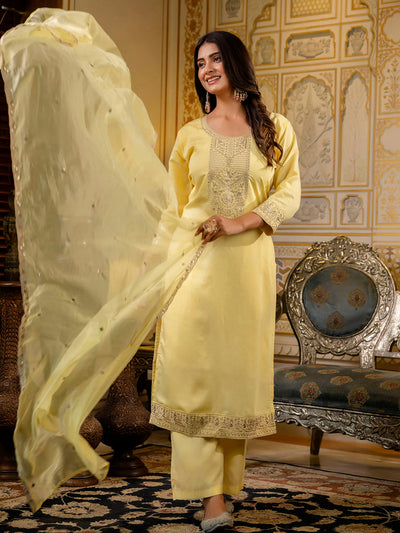 Indyancart VV Women's Embroidered Silk Blend Calf Length Straight Kurta with Palazzo & Dupatta Set