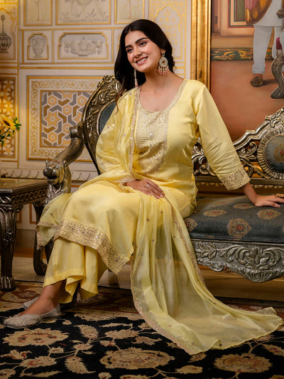 Indyancart VV Women's Embroidered Silk Blend Calf Length Straight Kurta with Palazzo & Dupatta Set