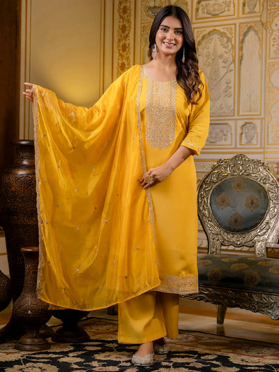 Indyancart VV Women's Embroidered Silk Blend Calf Length Straight Kurta with Palazzo & Dupatta Set
