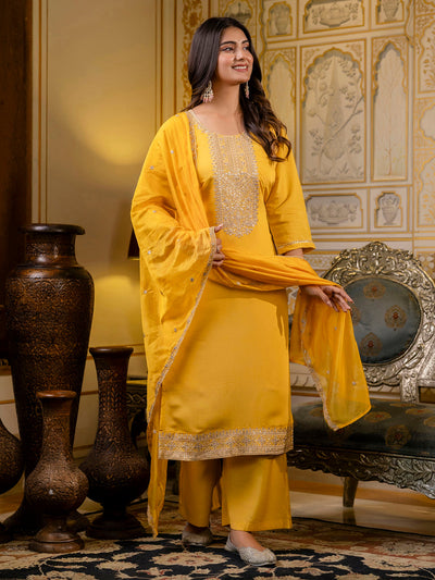 Indyancart VV Women's Embroidered Silk Blend Calf Length Straight Kurta with Palazzo & Dupatta Set