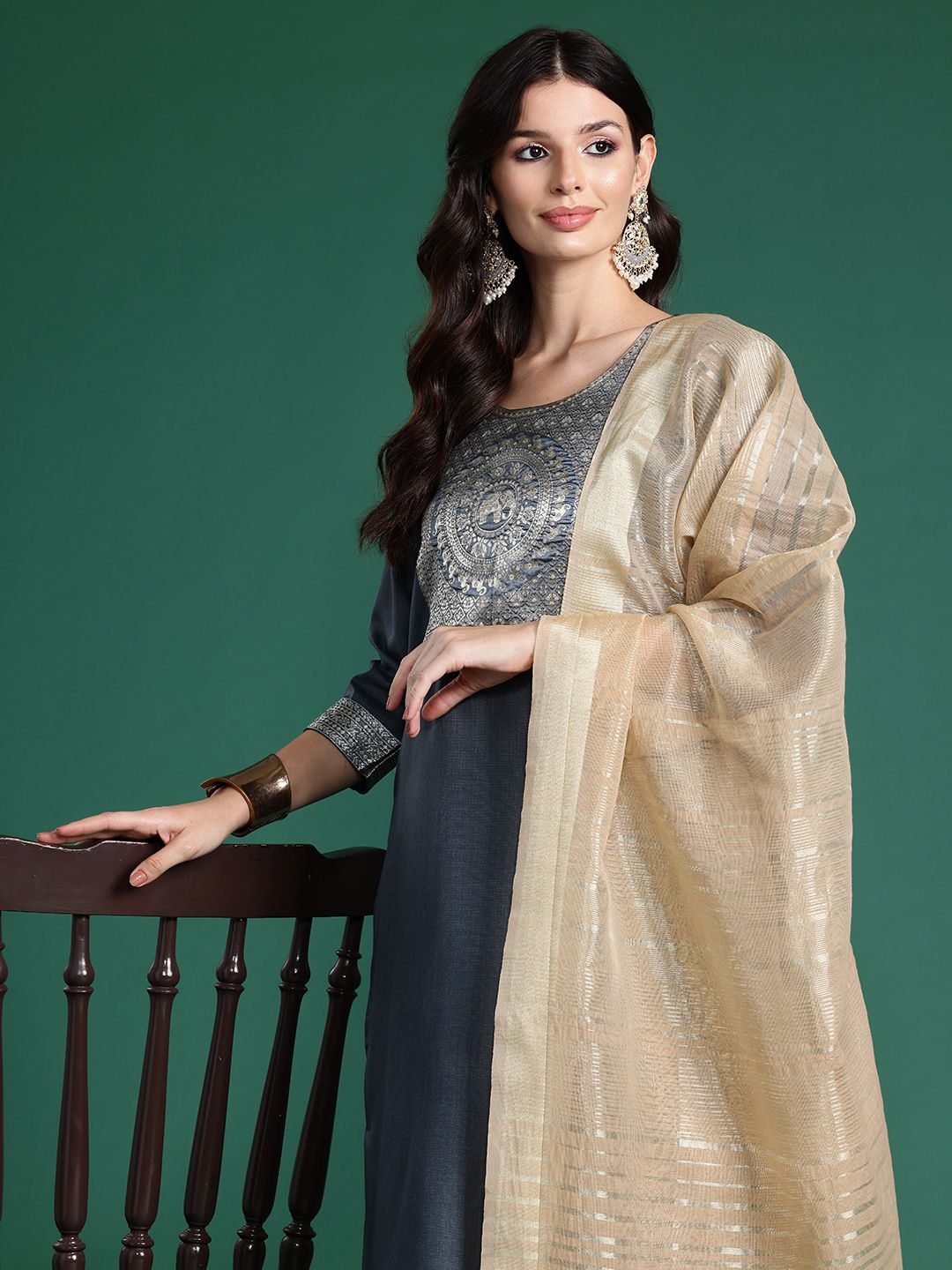 Indyancart IE Yoke Design Regular Kurta With Palazzos & Dupatta