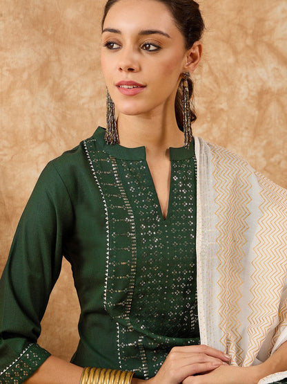 Ethnic Motifs Embroidered Straight Sequinned Kurta with Trousers & Dupatta