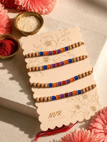 Anouk Set Of 4 Multicolor Circular Beads Studded Thread Rakhi With Roli Chawal Chandan