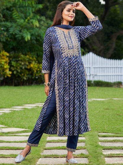 Indyancart IE Blue Leheriya Printed A-Line Thread Work Kurta With Trousers & Dupatta