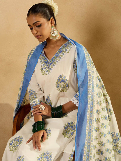 Indyancart IE Floral Printed Regular Sequinned Pure Cotton Kurta with Trousers & Dupatta
