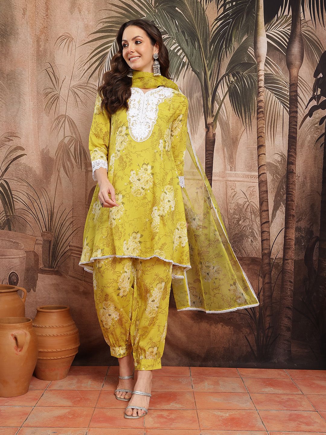 Indyancart SN Women's Floral Print Thread Work Kurta with Salwar & Dupatta