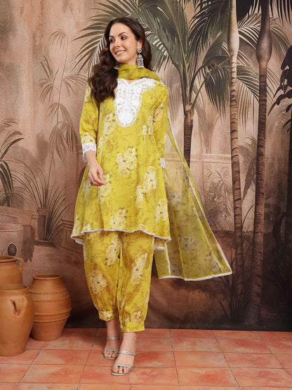 Indyancart SN Women's Floral Print Thread Work Kurta with Salwar & Dupatta