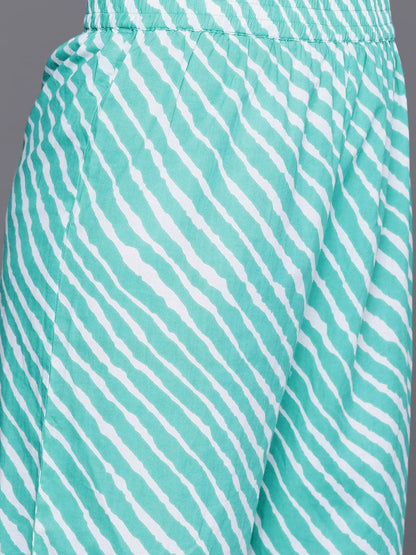 Indyancart VA Women's Leheriya Striped Regular Gotta Patti Cotton Kurta with Trousers & Dupatta