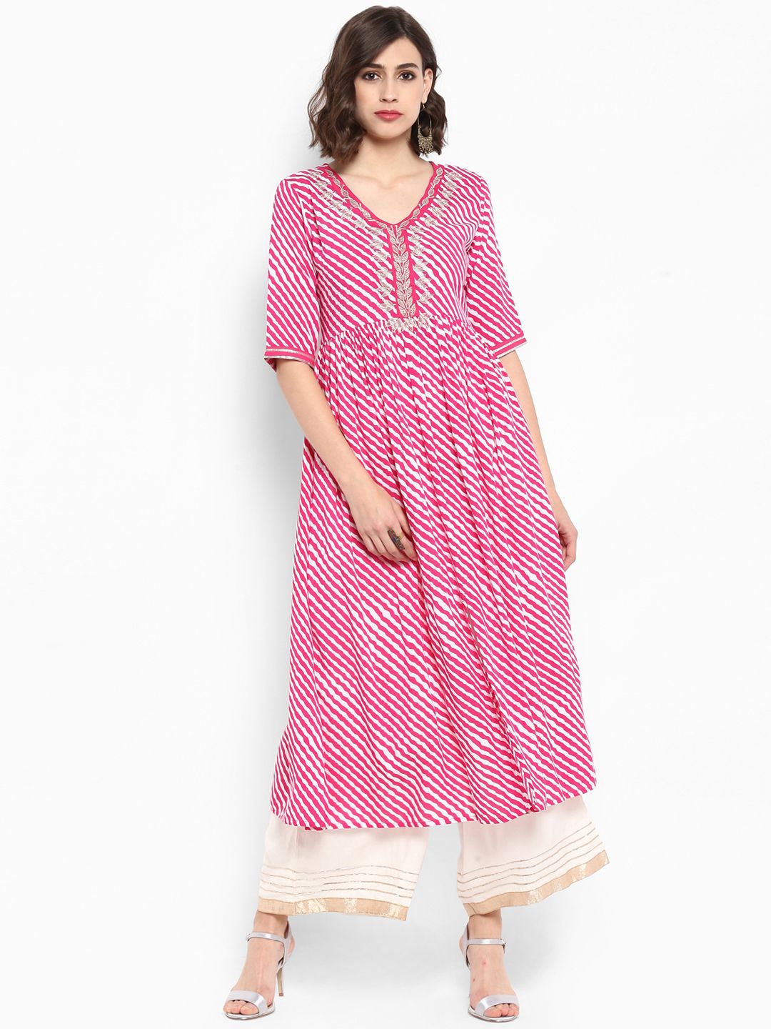 Indyancart VA Women's Pink & White Embroidered Kurta with Palazzos
