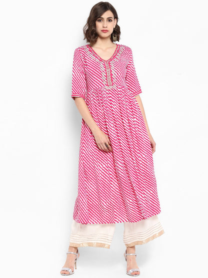Indyancart VA Women's Pink & White Embroidered Kurta with Palazzos