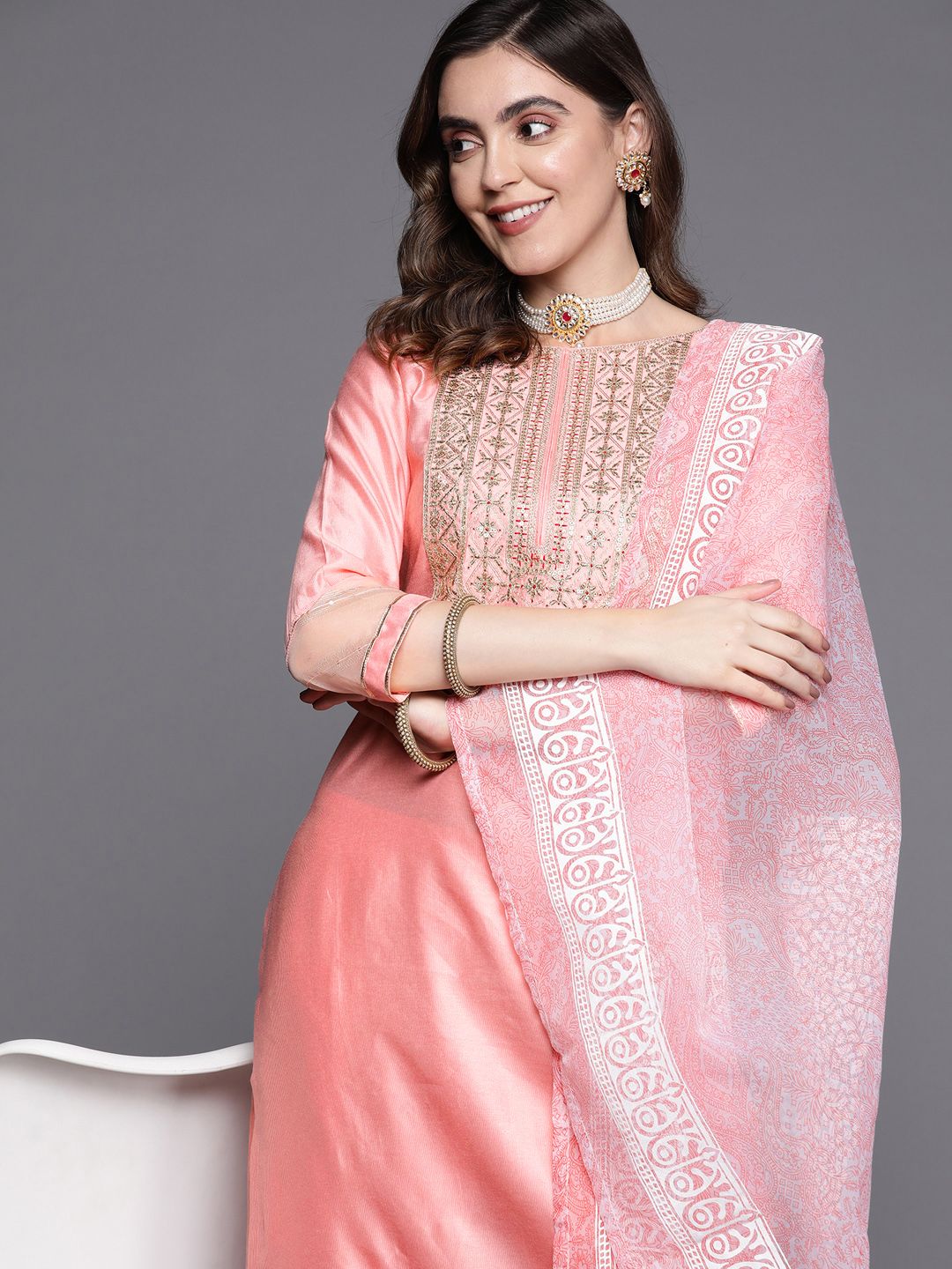 Women Ethnic Motifs Embroidered Sequinned Liva Kurta With Palazzos & With Dupatta