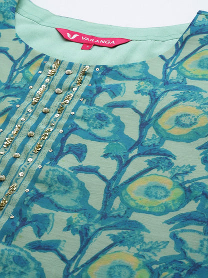 Dhiyona VA Women'sSea Green Floral Printed Hand work Kurta with Trousers & Dupatta