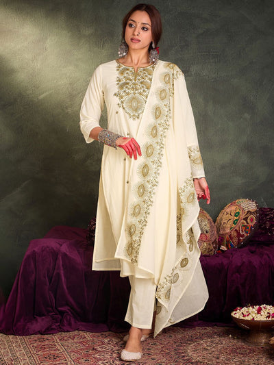 Dhiyona IE Floral Embroidered Thread Work Pure Cotton Kurta With Trousers & Dupatta