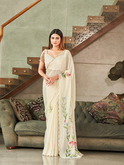 Indyancart TI Women's Cream Colored Polyester Saree with Hand Print and Scalloped Border with Unstitched Blouse