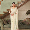 Dhiyona TI Women's Cream Colored Polyester Saree with Hand Print and Scalloped Border with Unstitched Blouse