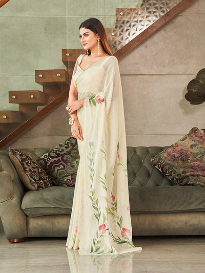 Indyancart TI Women's Cream Colored Polyester Saree with Hand Print and Scalloped Border with Unstitched Blouse