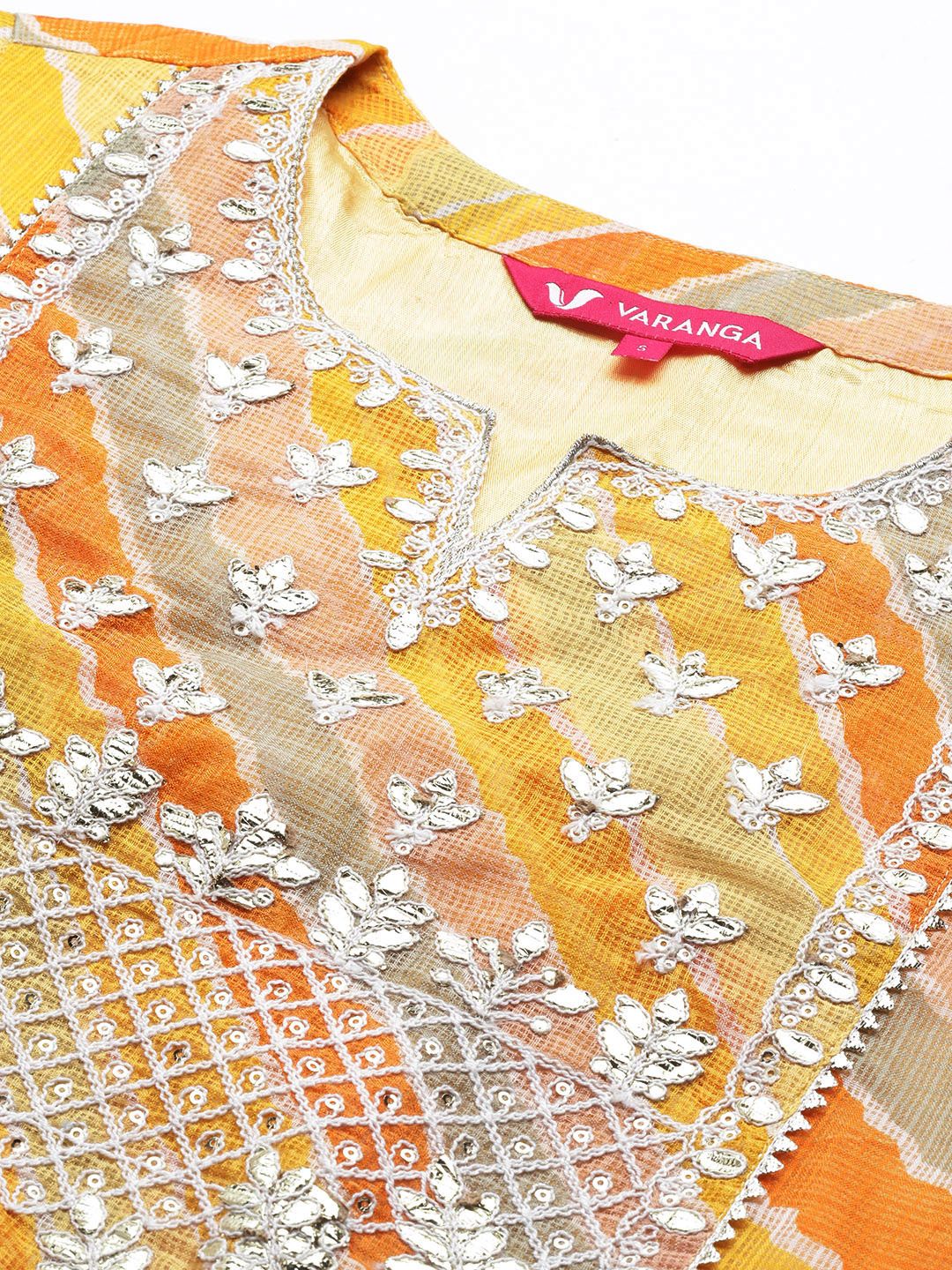 Indyancart VA Women's Yellow Leheriya Printed Gotta Patti Chanderi Cotton Kurta with Sharara & With Dupatta