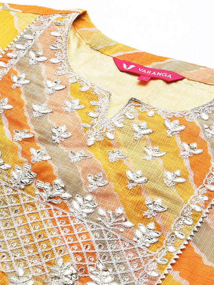 Indyancart VA Women's Yellow Leheriya Printed Gotta Patti Chanderi Cotton Kurta with Sharara & With Dupatta