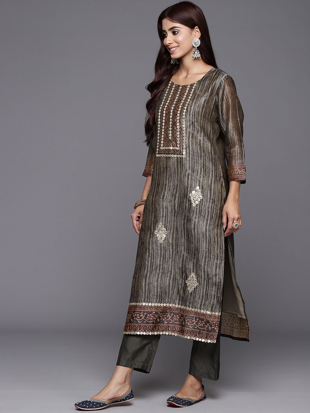 Indyancart VA Women's Abstract Printed Gotta Patti Kurta with Trousers & With Dupatta