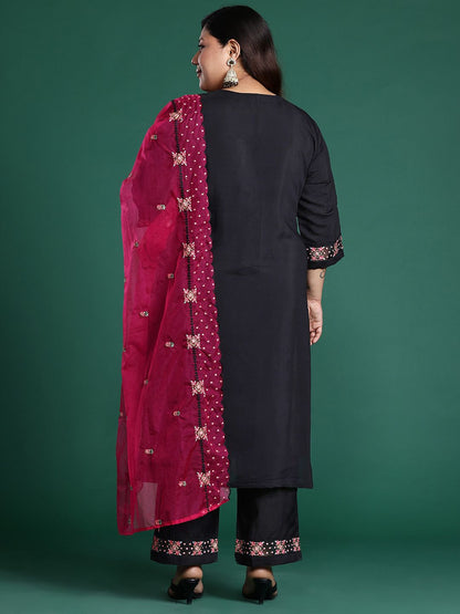 Indyancart Women's Plus Size Floral Embroidered Sequinned Kurta with Trousers & Dupatta