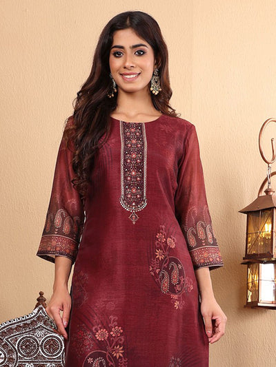 Indyancart VA Women'sFloral Printed Sequinned Chanderi Silk Straight Kurta with Trousers & Dupatta