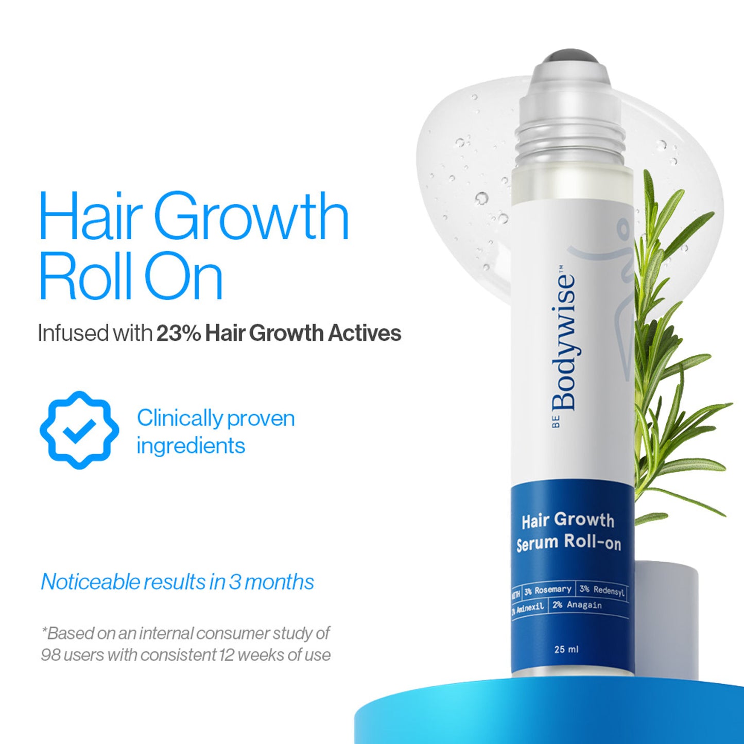 Be Bodywise Hair Growth Serum Roll On - 3% Rosemary, 3% Redensyl & 2% Aminexil For New Hair Growth