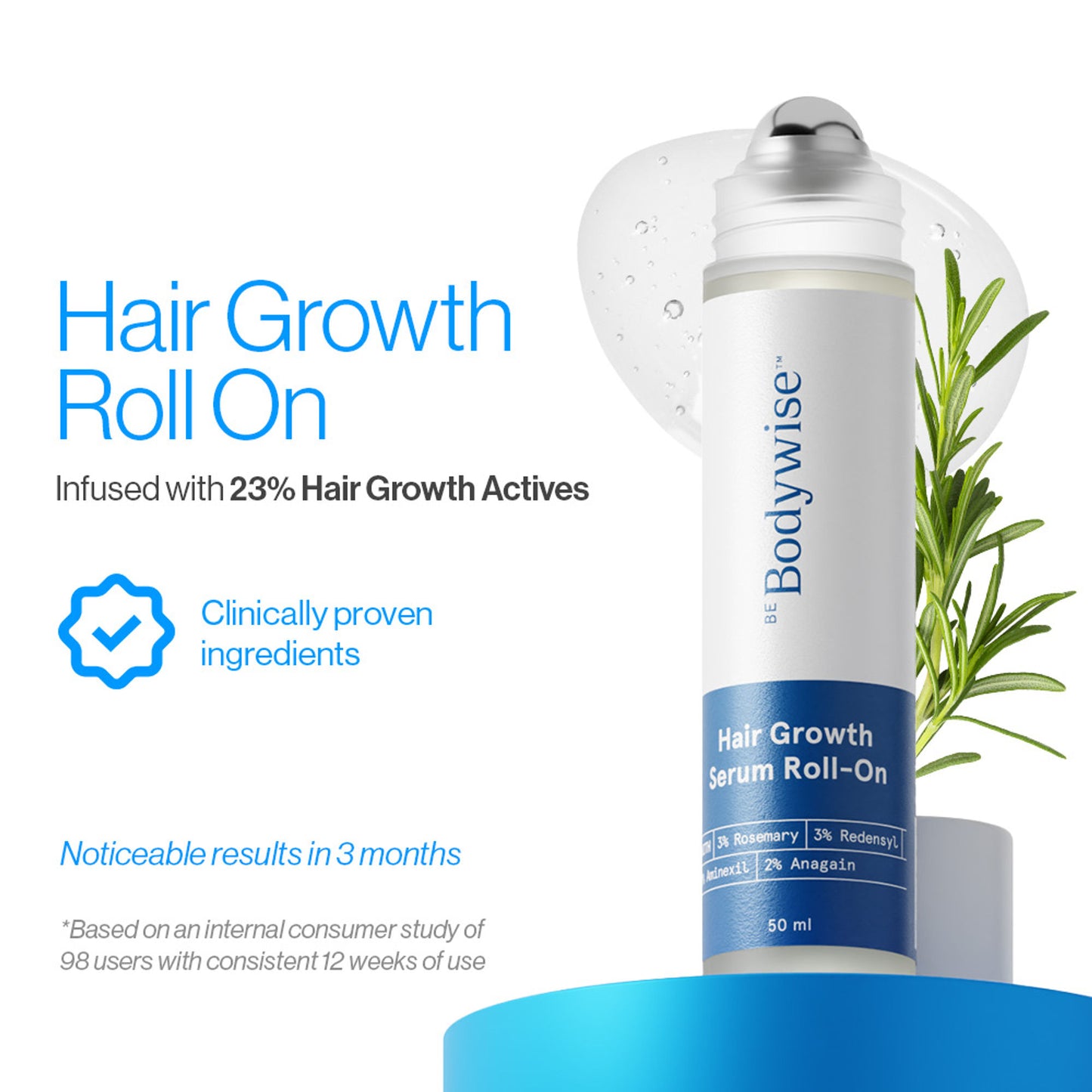 Be Bodywise Hair Growth Serum Roll On - 3% Rosemary, 3% Redensyl & 2% Aminexil For New Hair Growth
