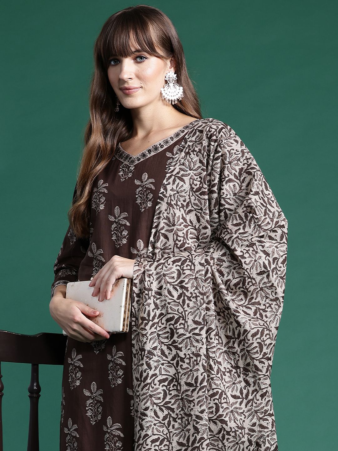 Indyancart IE Floral Printed Pure Cotton Kurta With Salwar & Dupatta