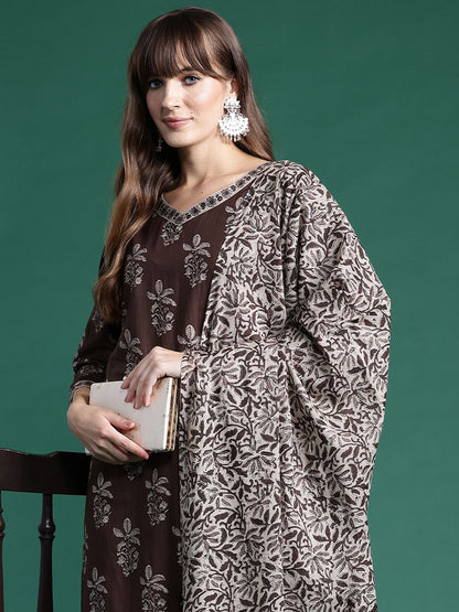 Indyancart IE Floral Printed Pure Cotton Kurta With Salwar & Dupatta