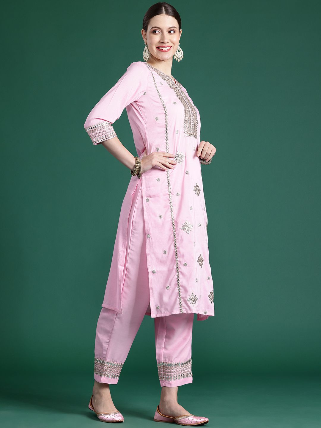 Indyancart IE Ethnic Motifs Embroidered Panelled Gotta Patti Kurta With Trousers & Dupatta