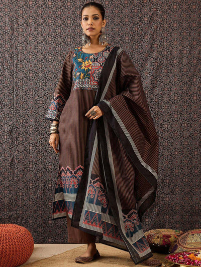 Dhiyona IE Women Ethnic Motifs Printed Regular Sequinned Pure Cotton Kurta with Trousers & With Dupatta
