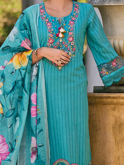 Dhiyona IE Floral Embroidered Pure Cotton Straight Kurta with Trousers & Dupatta
