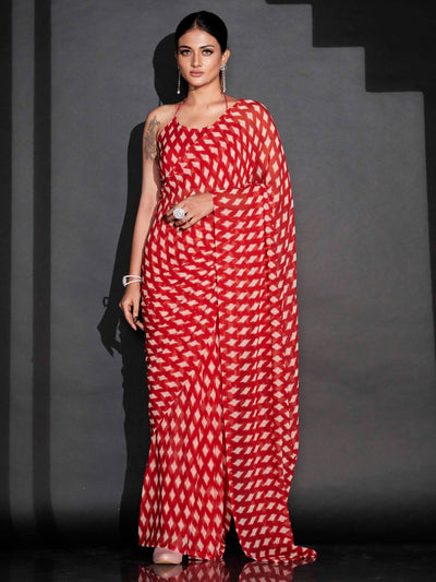 Indyancart TI Women's Ready To Wear Red Geometric Printed Saree with Unstitched Blouse