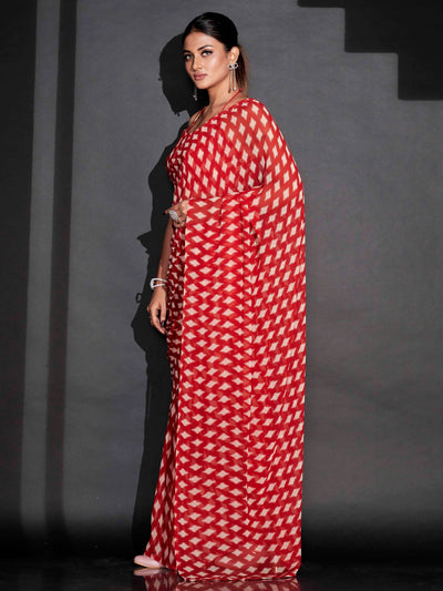 Indyancart TI Women's Ready To Wear Red Geometric Printed Saree with Unstitched Blouse