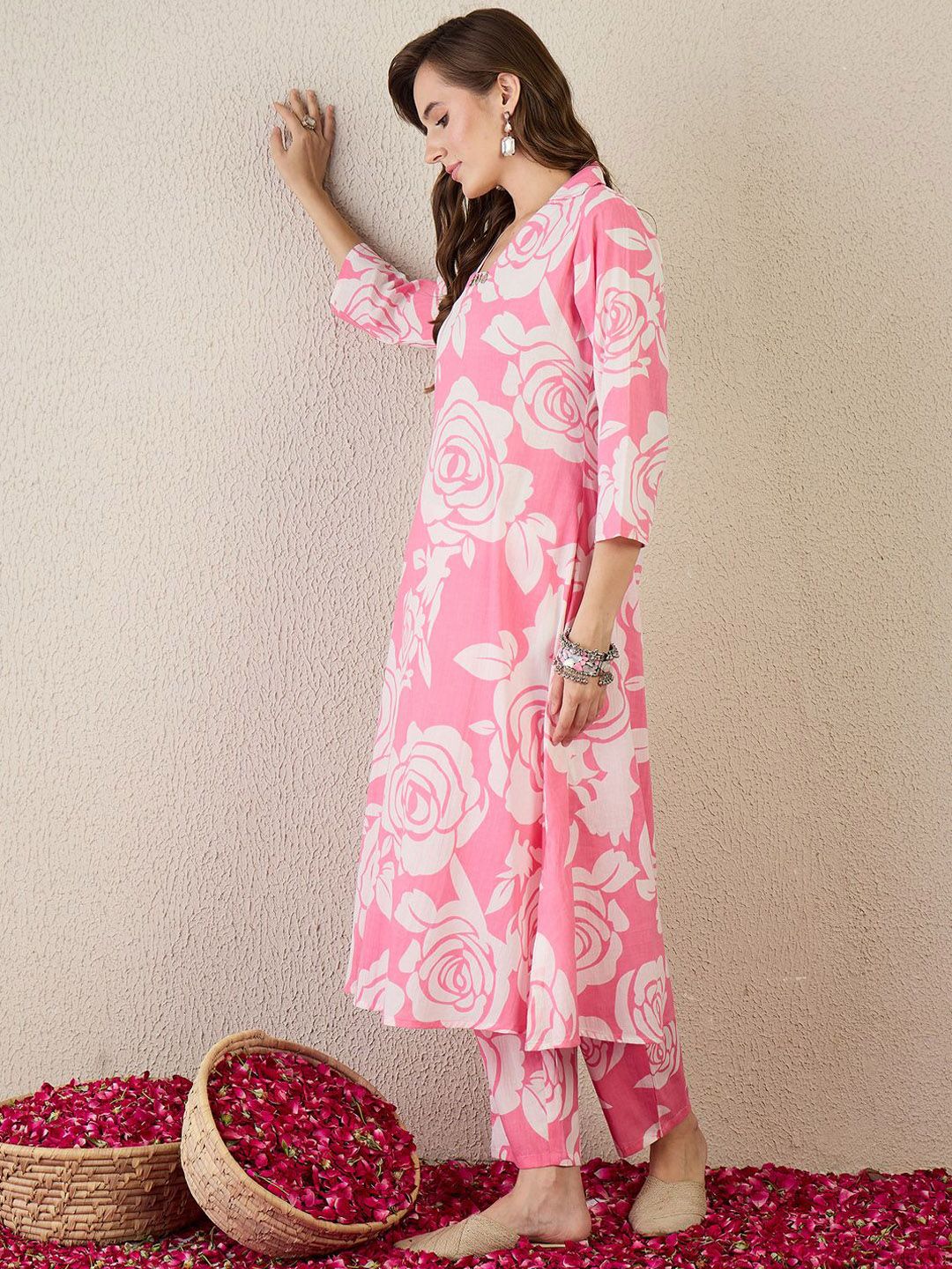 Indyancart IE Printed Pure Cotton Collar Neck Top With Trousers A-Line Co-Ords