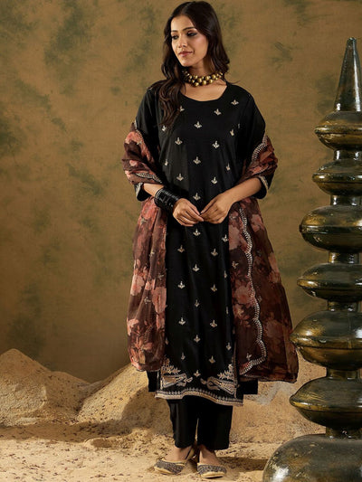 Indyancart IE Women Ethnic Motifs Embroidered Regular Kurta with Trousers & With Dupatta