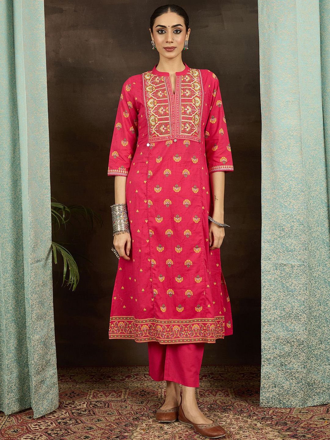 Indyancart IE Women Ethnic Motifs Printed Thread Work Pure Cotton Kurta Trousers