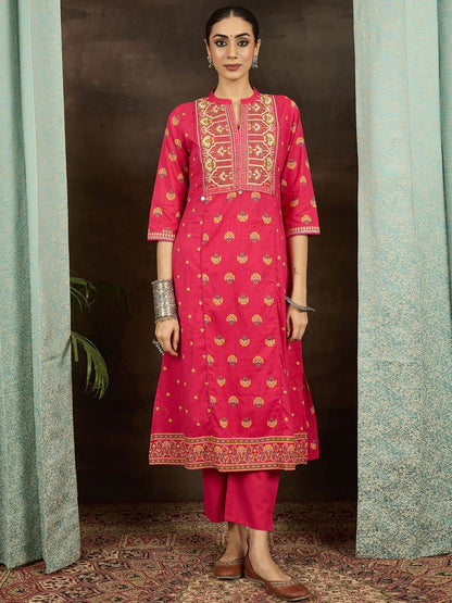Indyancart IE Women Ethnic Motifs Printed Thread Work Pure Cotton Kurta Trousers