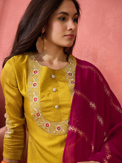 Indyancart SN Women's Yellow Zari Embroidered Straight Kurta With Trouser And Dupatta
